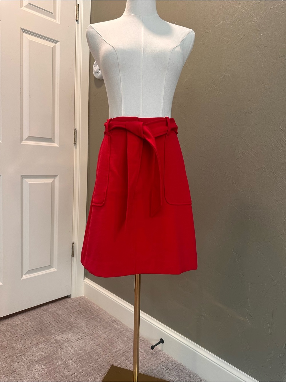 LOFT Red Tie-Waist A-Line Skirt with Patch Pockets